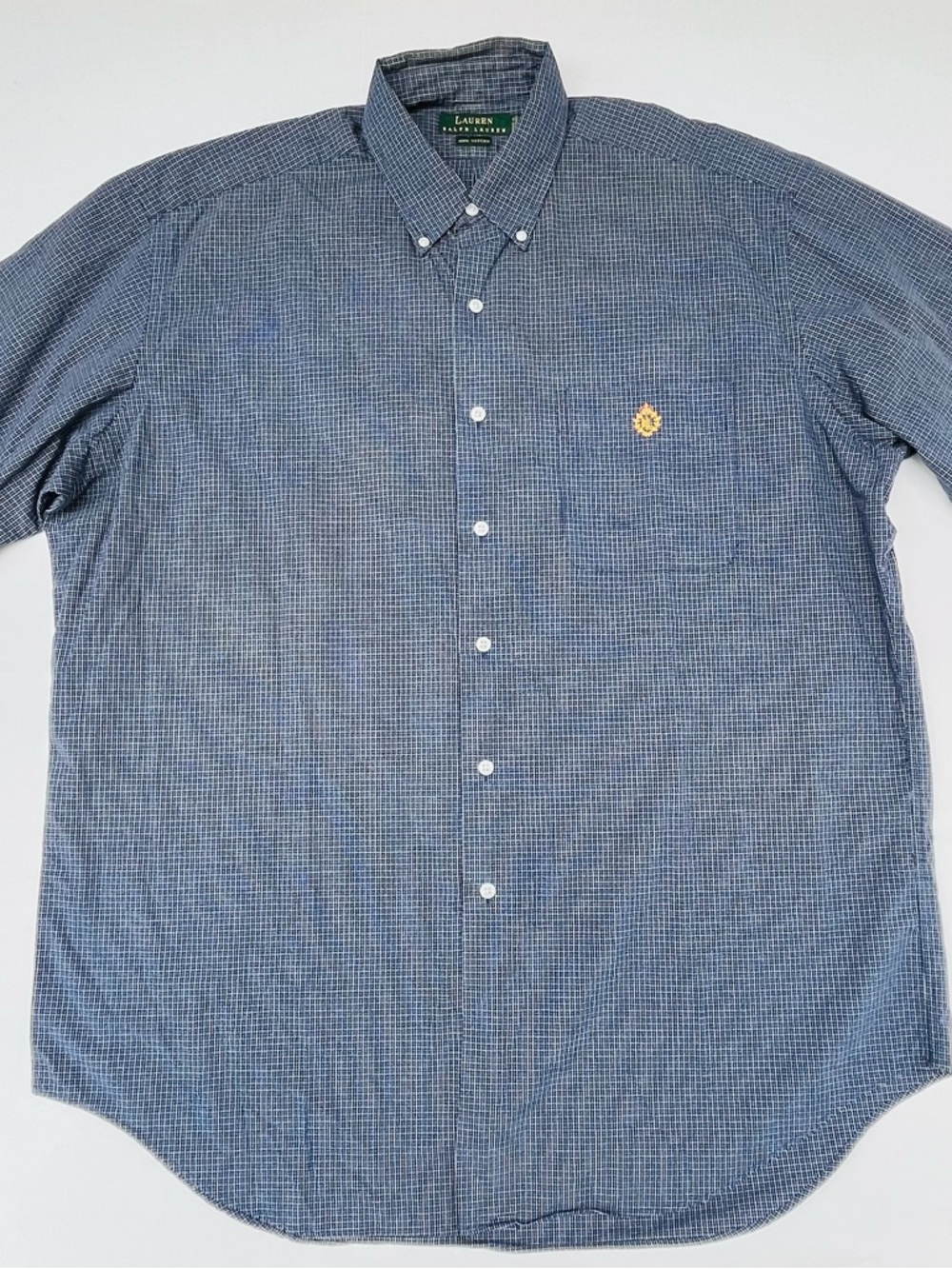 Ralph Lauren Men’s Vintage Gold Crest Logo Pocket Blue Plaid Button Up Shirt